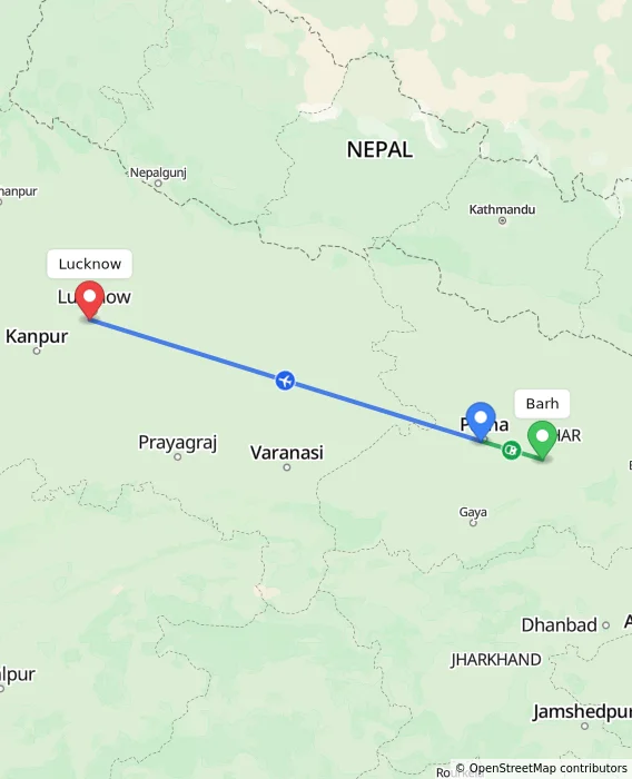 Route map showing distance and travel time from Barh, India to Lucknow, India