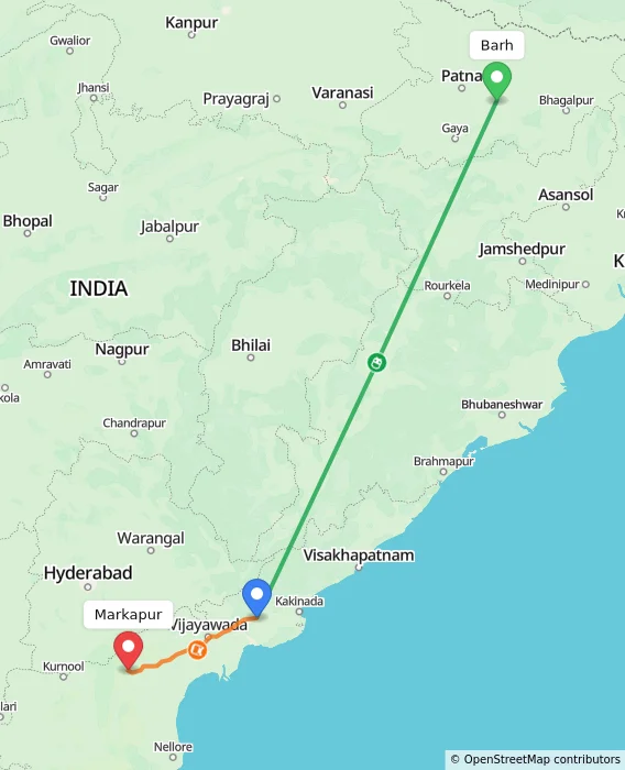 Route map showing distance and travel time from Barh, India to Markapur, India