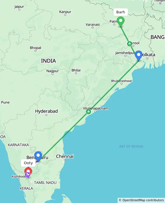 Route map showing distance and travel time from Barh, India to Ooty, India
