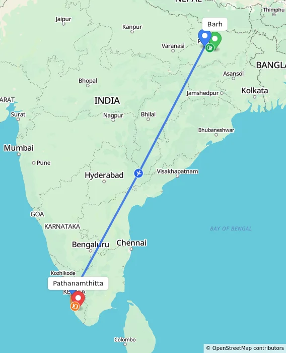 Route map showing distance and travel time from Barh, India to Pathanamthitta, India