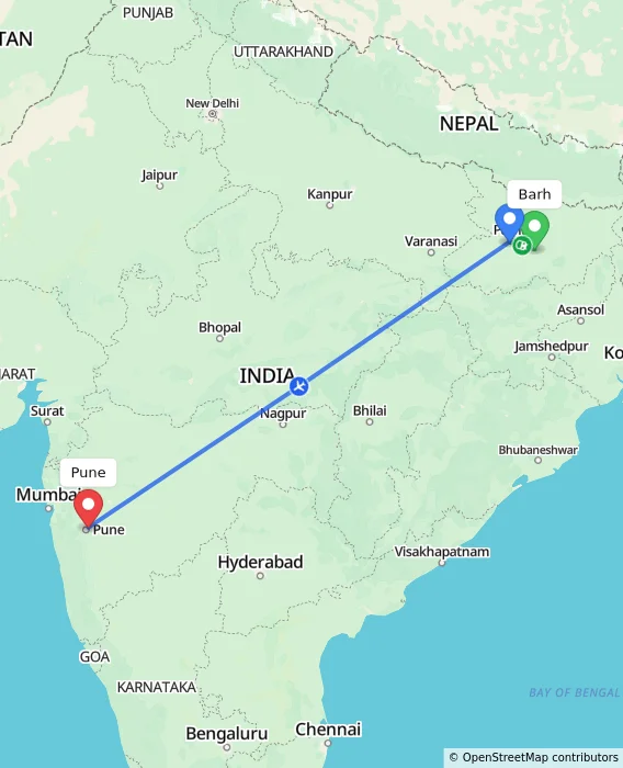 Route map showing distance and travel time from Barh, India to Pune, India