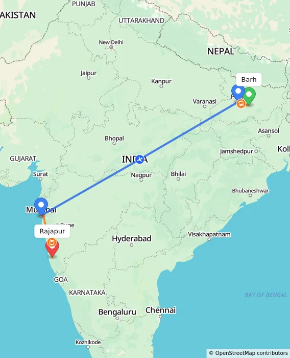 Route map showing distance and travel time from Barh, India to Rajapur, India