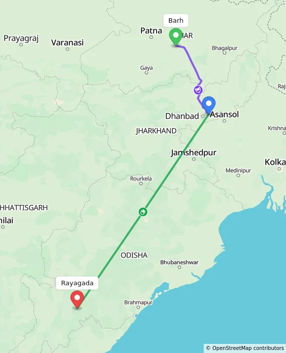 Route map showing distance and travel time from Barh, India to Rayagada, India