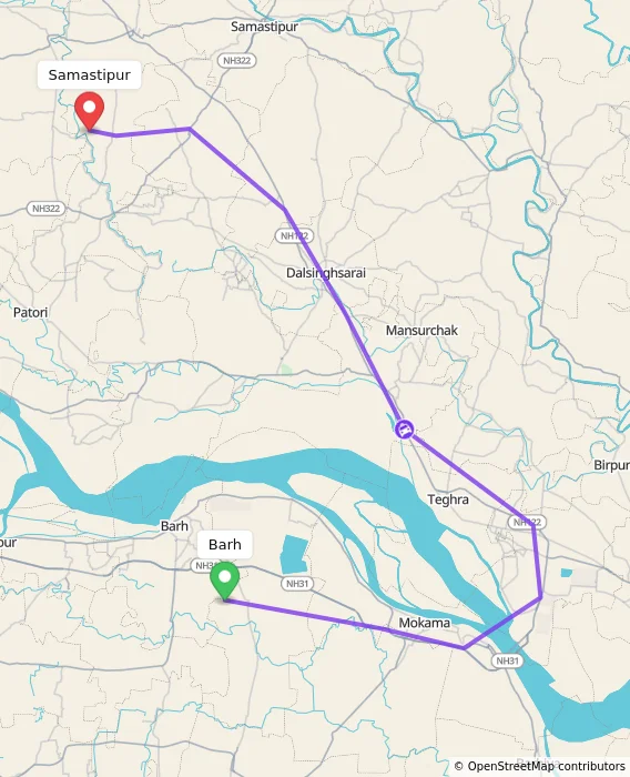 Route map showing distance and travel time from Barh, India to Samastipur, India