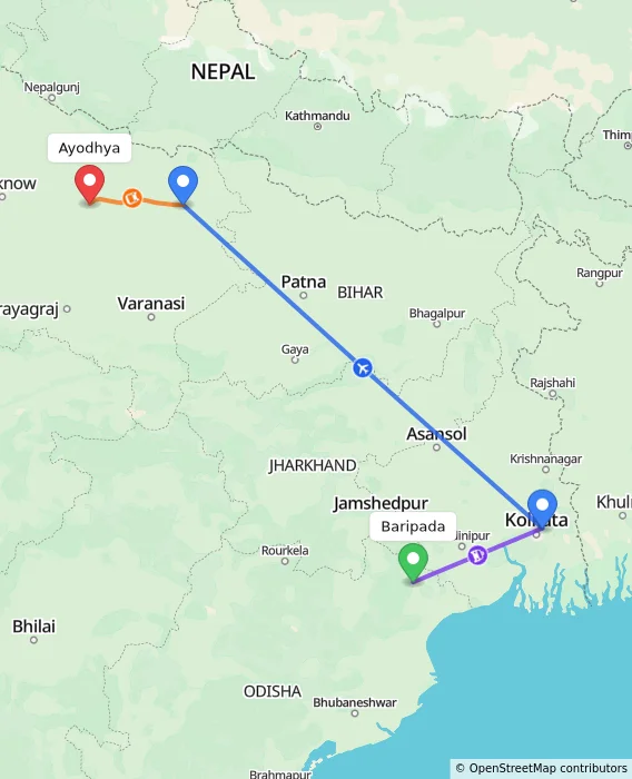 Route map showing distance and travel time from Baripada, India to Ayodhya, India