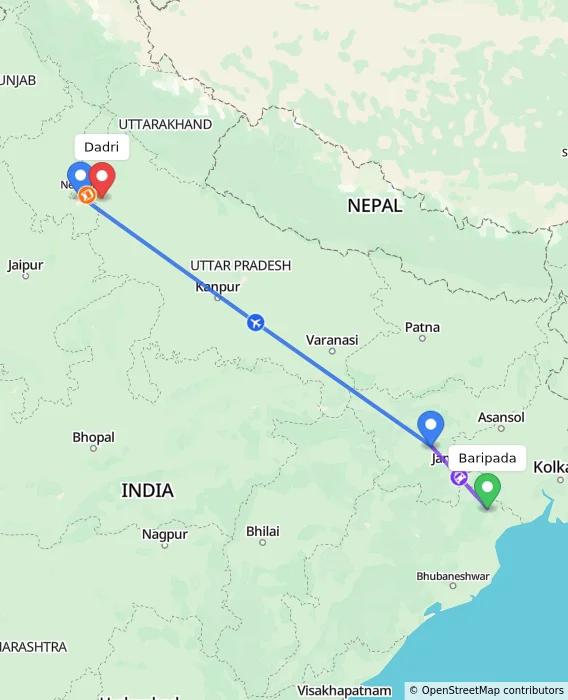 Route map showing distance and travel time from Baripada, India to Dadri, India