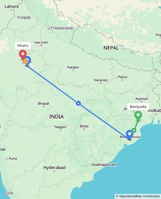 Route map showing distance and travel time from Baripada, India to Khatu, India