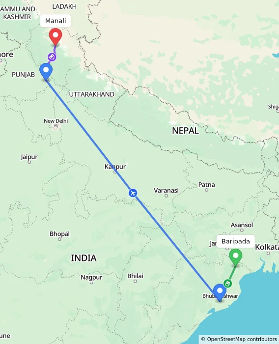 Route map showing distance and travel time from Baripada, India to Manali, India