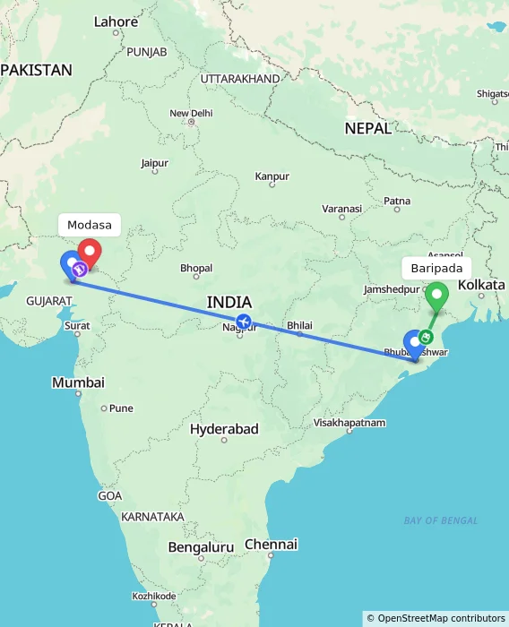 Route map showing distance and travel time from Baripada, India to Modasa, India