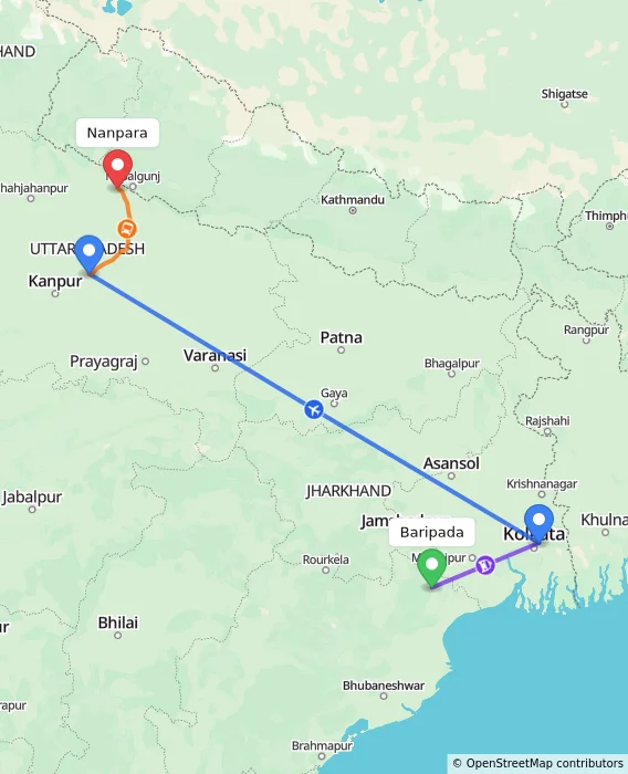 Route map showing distance and travel time from Baripada, India to Nanpara, India