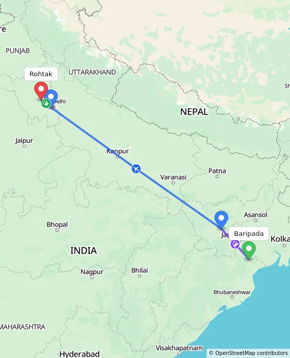Route map showing distance and travel time from Baripada, India to Rohtak, India