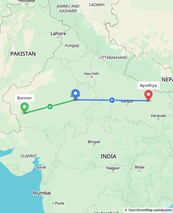 Route map showing distance and travel time from Barmer, India to Ayodhya, India