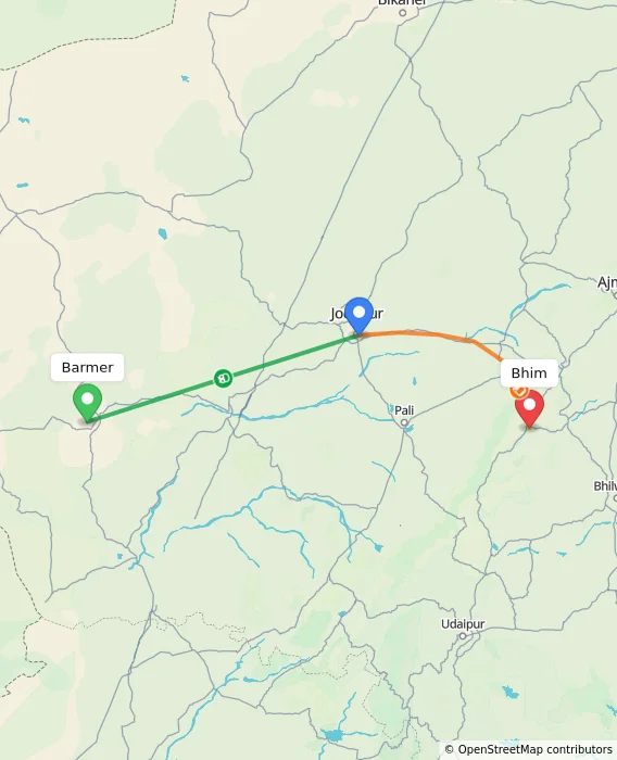 Route map showing distance and travel time from Barmer, India to Bhim, India