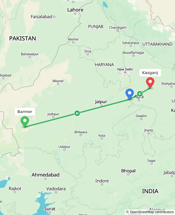 Route map showing distance and travel time from Barmer, India to Kasganj, India