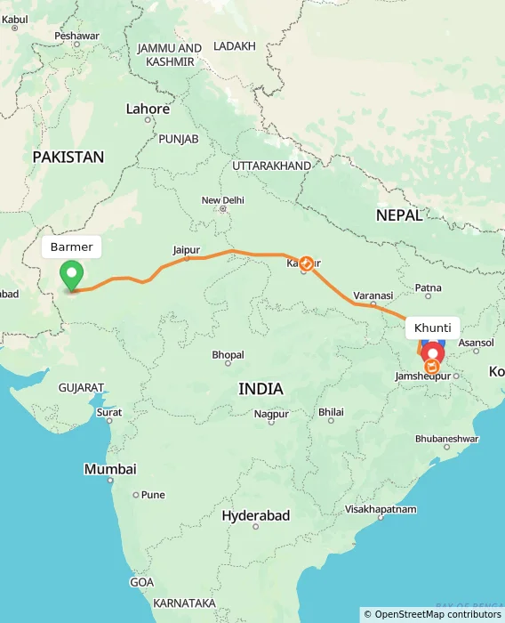 Route map showing distance and travel time from Barmer, India to Khunti, India