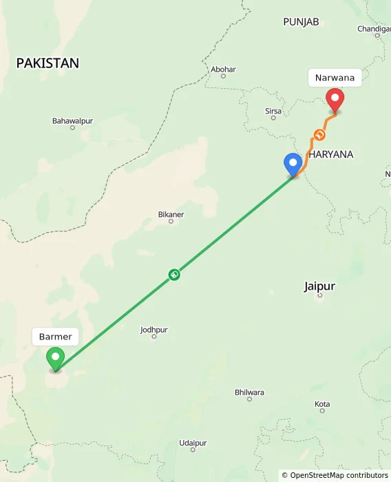 Route map showing distance and travel time from Barmer, India to Narwana, India