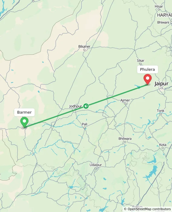 Route map showing distance and travel time from Barmer, India to Phulera, India