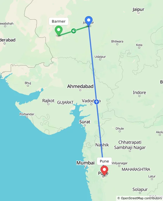 Route map showing distance and travel time from Barmer, India to Pune, India