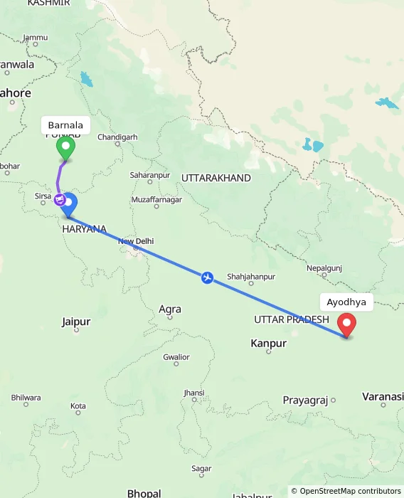 Route map showing distance and travel time from Barnala, India to Ayodhya, India