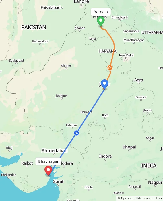 Route map showing distance and travel time from Barnala, India to Bhavnagar, India