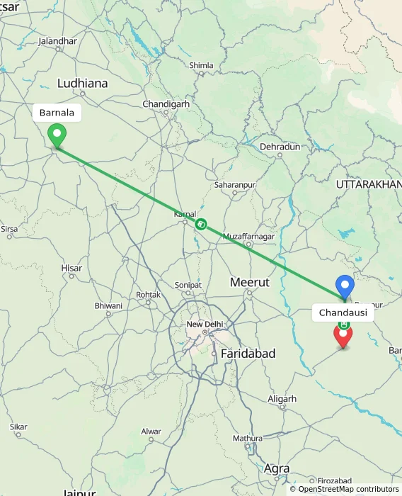 Route map showing distance and travel time from Barnala, India to Chandausi, India