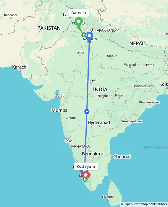 Route map showing distance and travel time from Barnala, India to Kottayam, India
