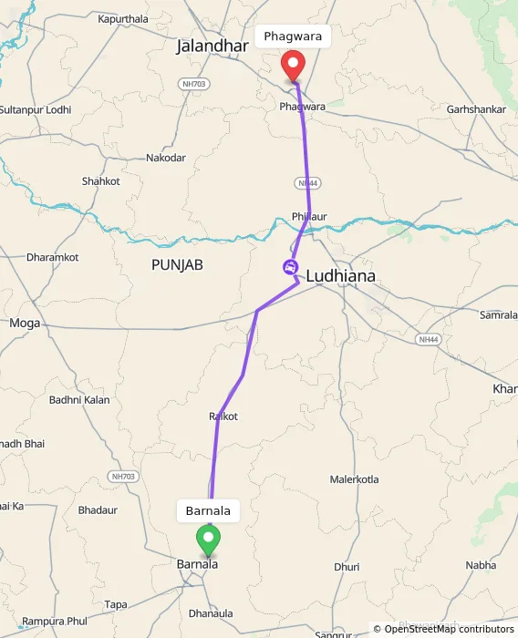 Route map showing distance and travel time from Barnala, India to Phagwara, India