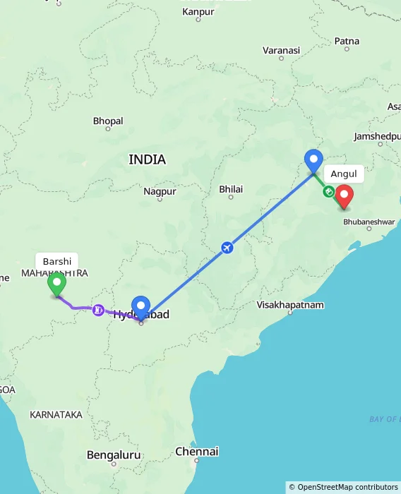 Route map showing distance and travel time from Barshi, India to Angul, India