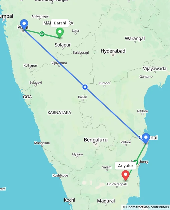 Route map showing distance and travel time from Barshi, India to Ariyalur, India