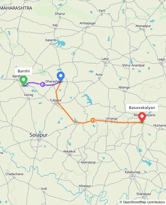 Route map showing distance and travel time from Barshi, India to Basavakalyan, India