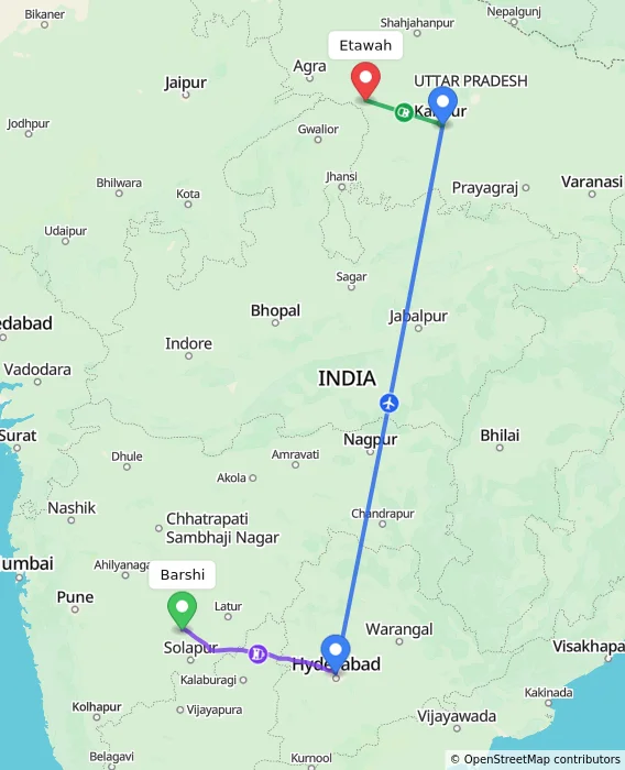 Route map showing distance and travel time from Barshi, India to Etawah, India