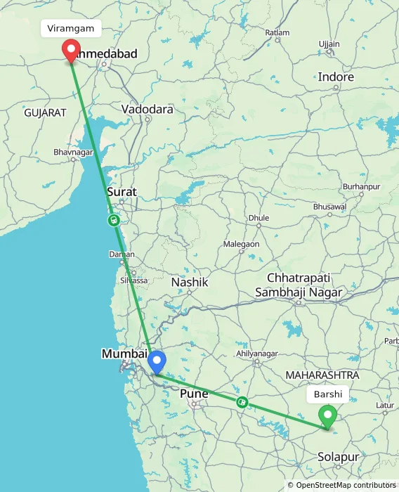 Route map showing distance and travel time from Barshi, India to Viramgam, India