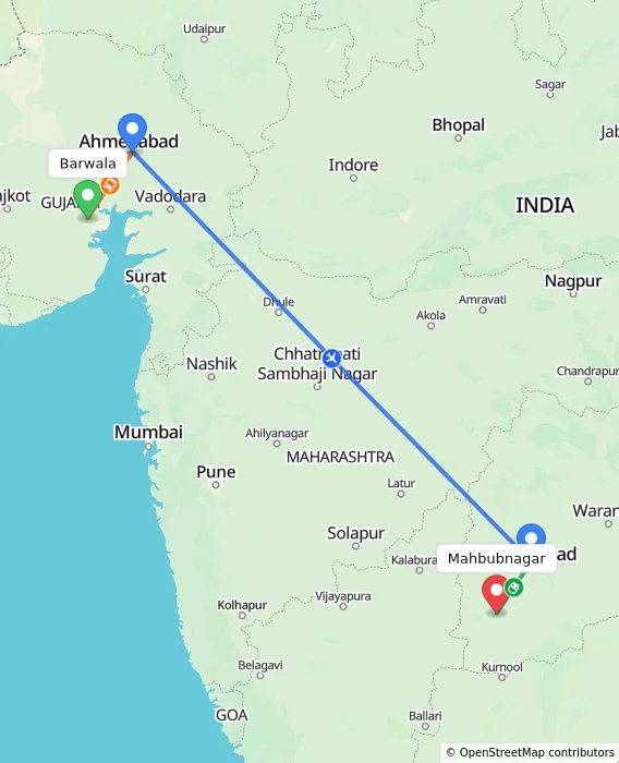 Route map showing distance and travel time from Barwala, India to Mahbubnagar, India