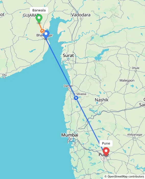 Route map showing distance and travel time from Barwala, India to Pune, India