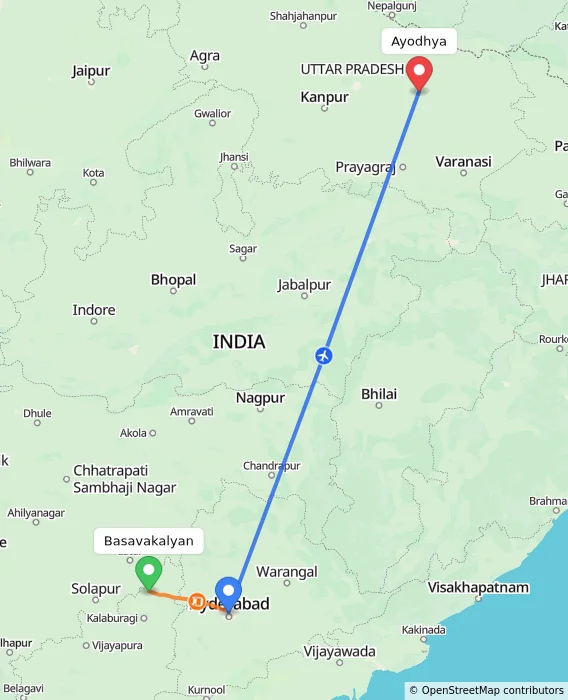 Route map showing distance and travel time from Basavakalyan, India to Ayodhya, India