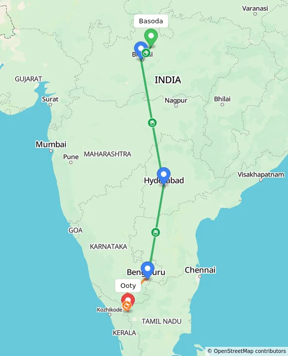 Route map showing distance and travel time from Basoda, India to Ooty, India