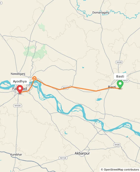 Route map showing distance and travel time from Basti, India to Ayodhya, India