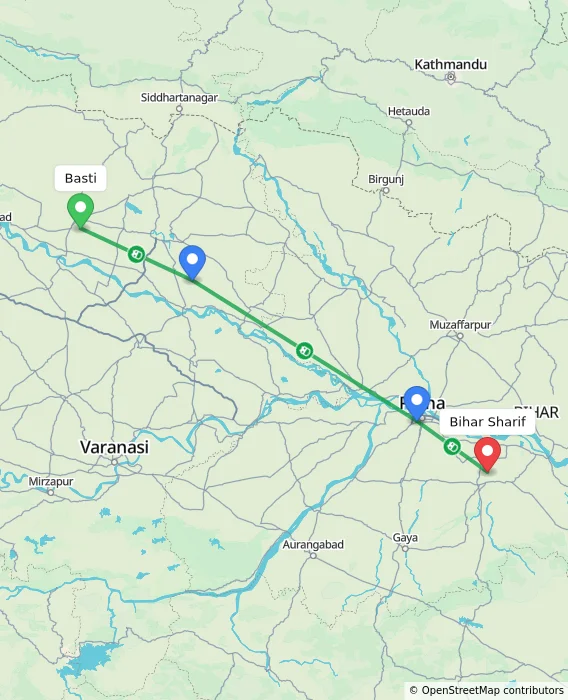 Route map showing distance and travel time from Basti, India to Bihar Sharif, India