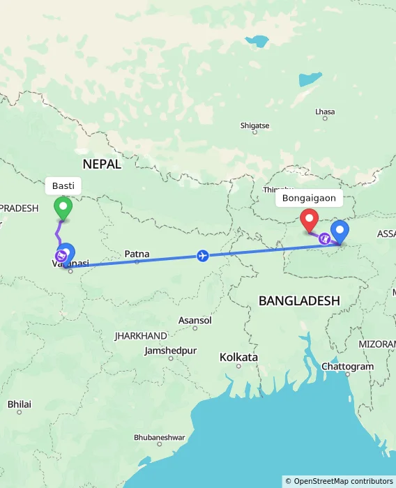 Route map showing distance and travel time from Basti, India to Bongaigaon, India