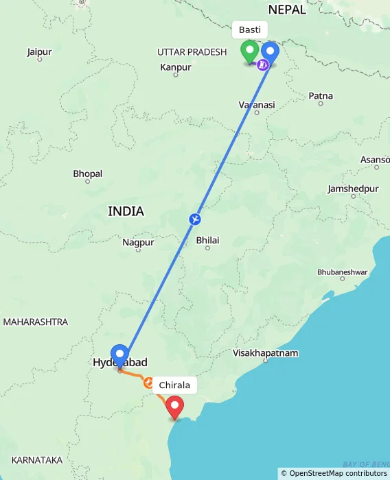 Route map showing distance and travel time from Basti, India to Chirala, India