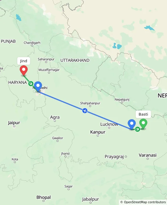 Route map showing distance and travel time from Basti, India to Jind, India