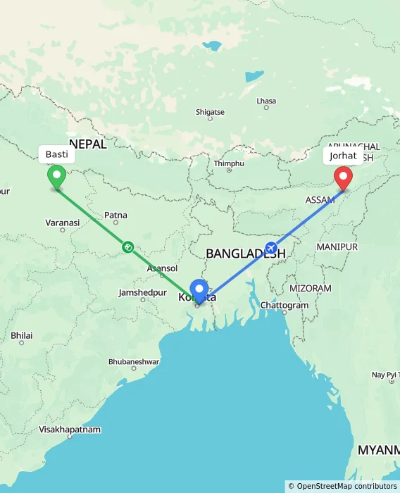 Route map showing distance and travel time from Basti, India to Jorhat, India