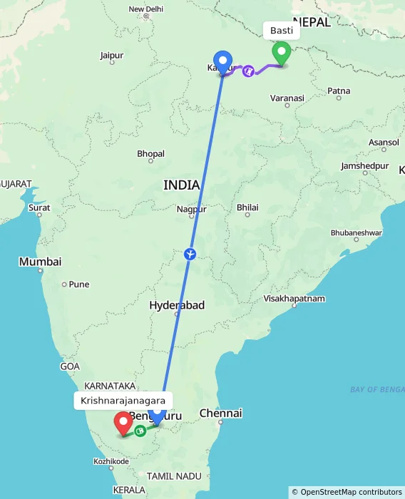 Route map showing distance and travel time from Basti, India to Krishnarajanagara, India