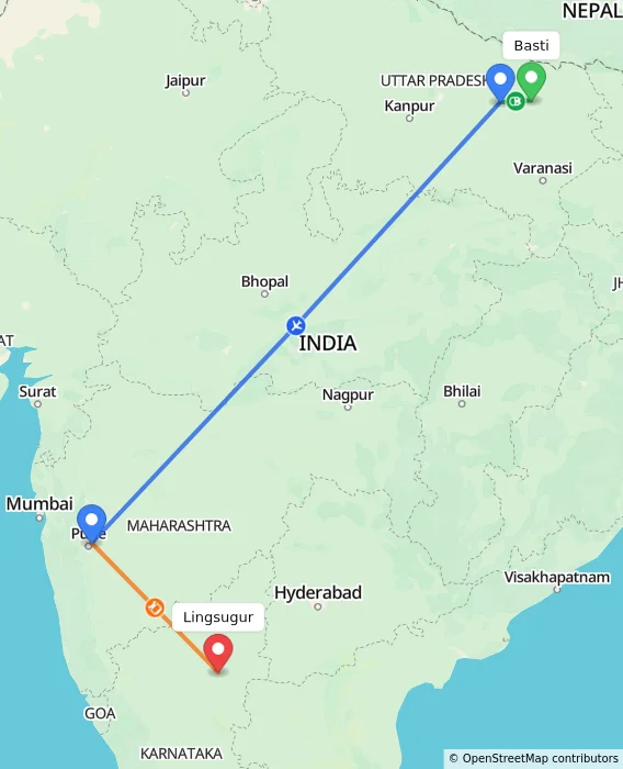 Route map showing distance and travel time from Basti, India to Lingsugur, India