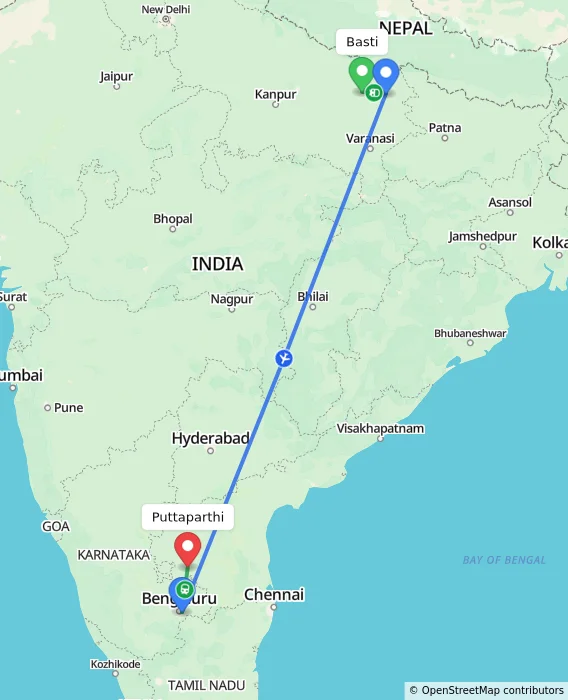 Route map showing distance and travel time from Basti, India to Puttaparthi, India