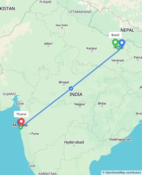Route map showing distance and travel time from Basti, India to Thane, India