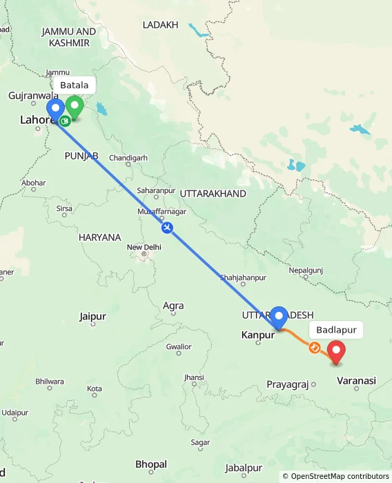 Route map showing distance and travel time from Batala, India to Badlapur, India