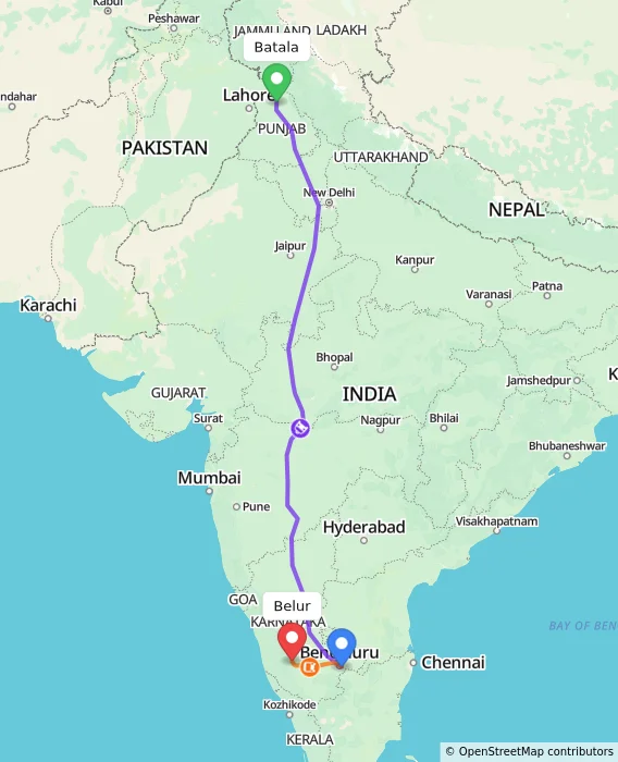 Route map showing distance and travel time from Batala, India to Belur, India