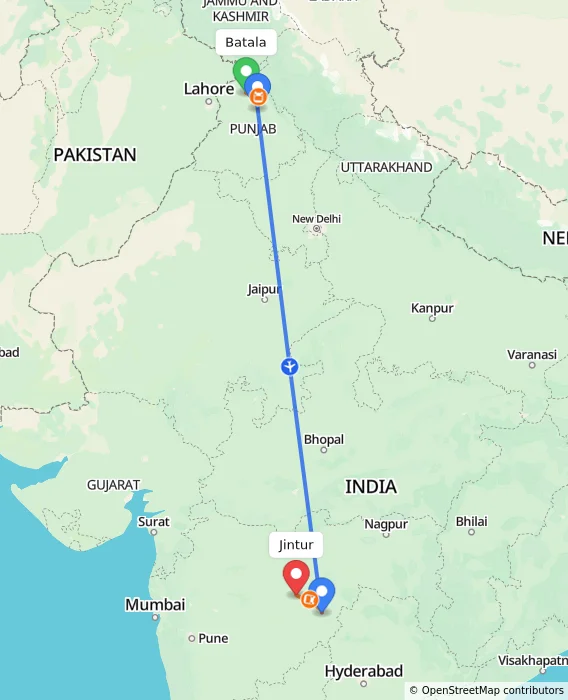 Route map showing distance and travel time from Batala, India to Jintur, India