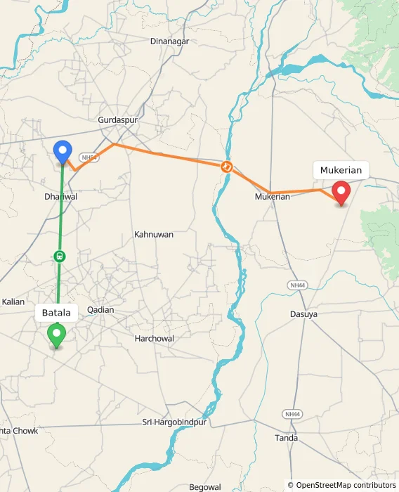 Route map showing distance and travel time from Batala, India to Mukerian, India